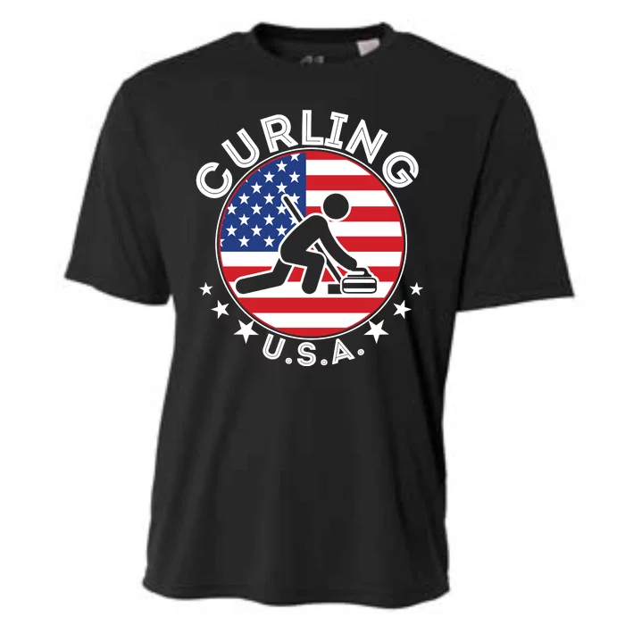 Cool USA Curling Team Flag Emblem Logo Cooling Performance Crew T-Shirt