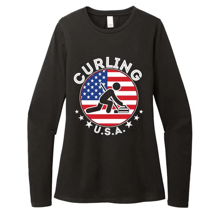 Cool USA Curling Team Flag Emblem Logo Womens CVC Long Sleeve Shirt