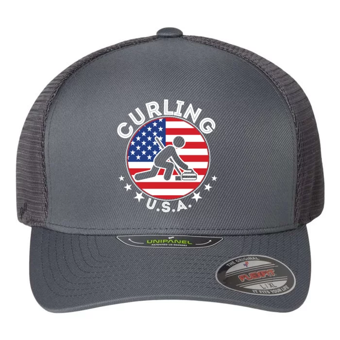 Cool USA Curling Team Flag Emblem Logo Flexfit Unipanel Trucker Cap