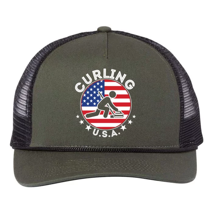 Cool USA Curling Team Flag Emblem Logo Retro Rope Trucker Hat Cap