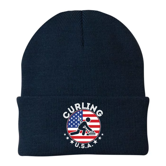 Cool USA Curling Team Flag Emblem Logo Knit Cap Winter Beanie