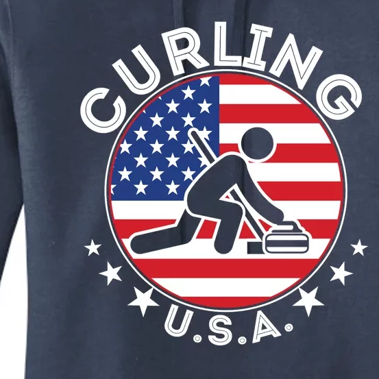 Cool USA Curling Team Flag Emblem Logo Women's Pullover Hoodie