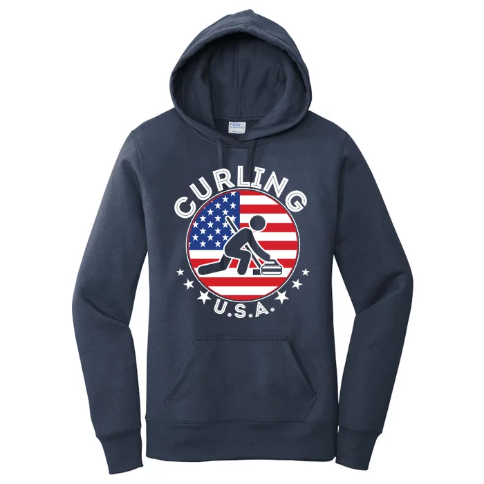 Cool USA Curling Team Flag Emblem Logo Women's Pullover Hoodie