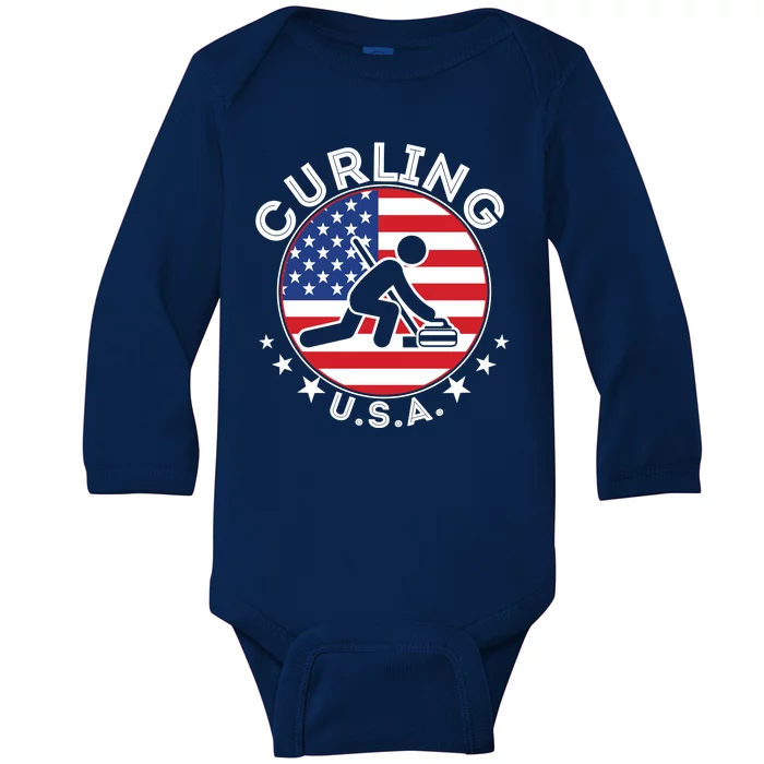 Cool USA Curling Team Flag Emblem Logo Baby Long Sleeve Bodysuit