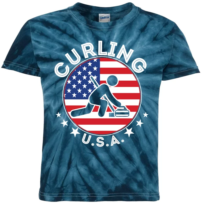 Cool USA Curling Team Flag Emblem Logo Kids Tie-Dye T-Shirt