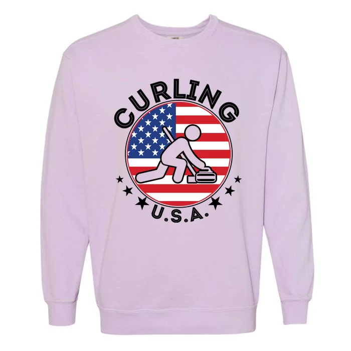 Cool USA Curling Team Flag Emblem Logo Garment-Dyed Sweatshirt