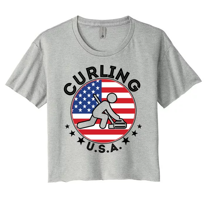 Cool USA Curling Team Flag Emblem Logo Women's Crop Top Tee