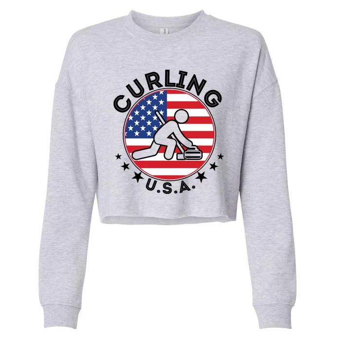 Cool USA Curling Team Flag Emblem Logo Cropped Pullover Crew