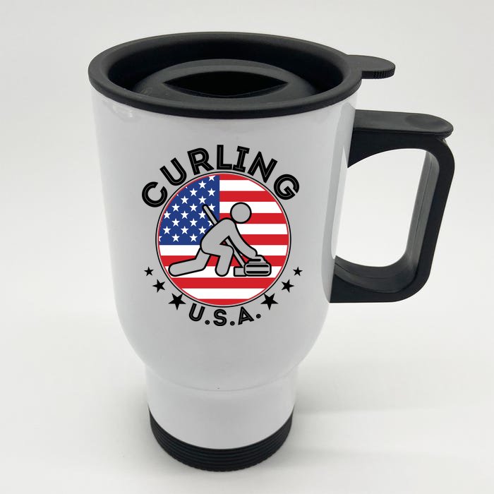 Cool USA Curling Team Flag Emblem Logo Front & Back Stainless Steel Travel Mug