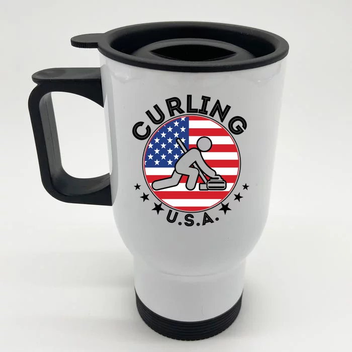 Cool USA Curling Team Flag Emblem Logo Front & Back Stainless Steel Travel Mug