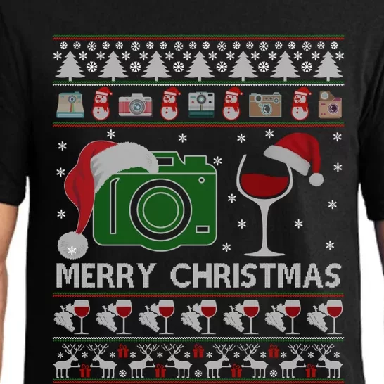 Camera Ugly Christmas Sweater Wine Santa Hat Xmas Gift Pajama Set