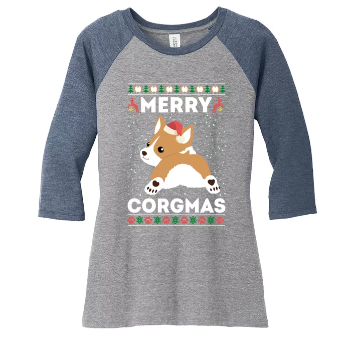 Corgi Ugly Christmas Sweater Style Merry Corgmas Santa Corgi Women's Tri-Blend 3/4-Sleeve Raglan Shirt