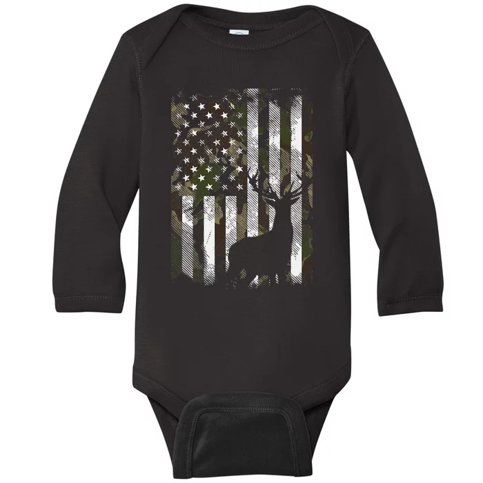 Camo Us Flag Deer Elk Buck Camoflage Hunting Hunter Dad Baby Long Sleeve Bodysuit