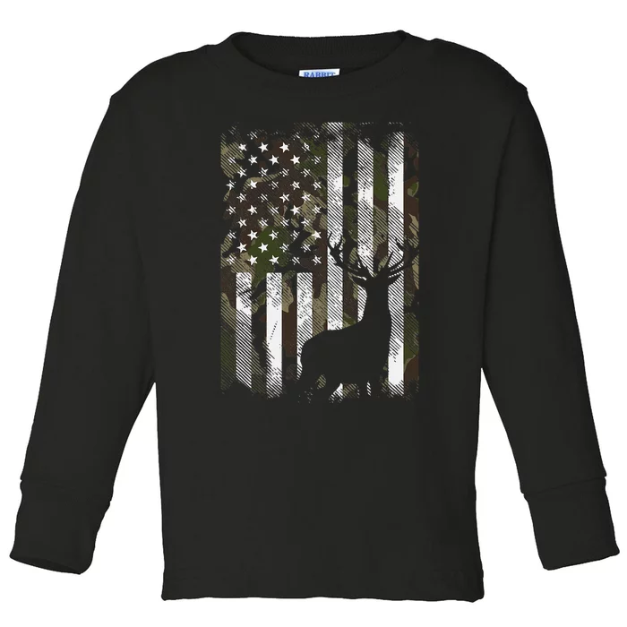 Camo Us Flag Deer Elk Buck Camoflage Hunting Hunter Dad Toddler Long Sleeve Shirt