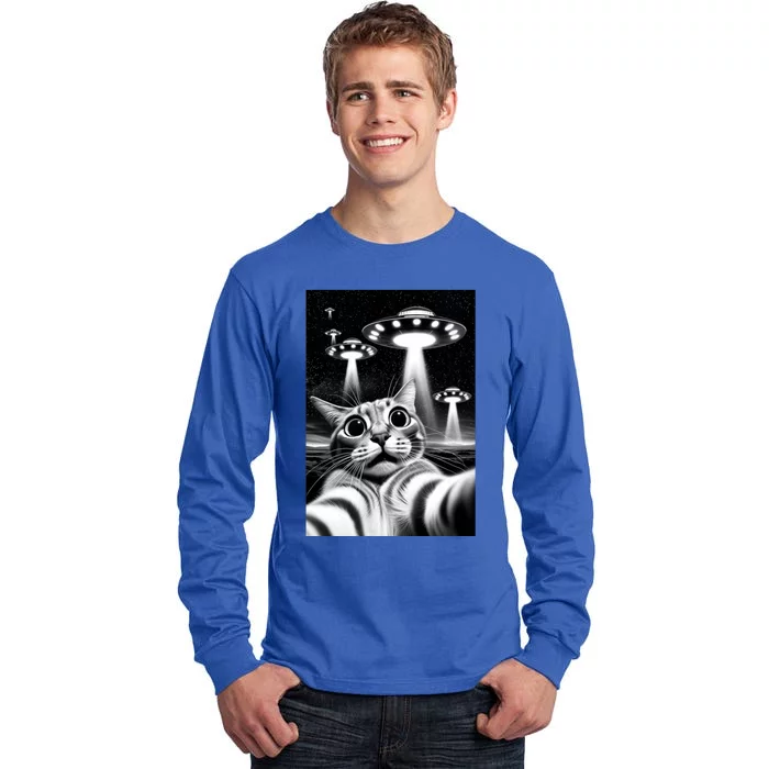 Cat Ufo | Funny Invasion Meme Retro Alien Cat Ufo Selfie Tall Long Sleeve T-Shirt