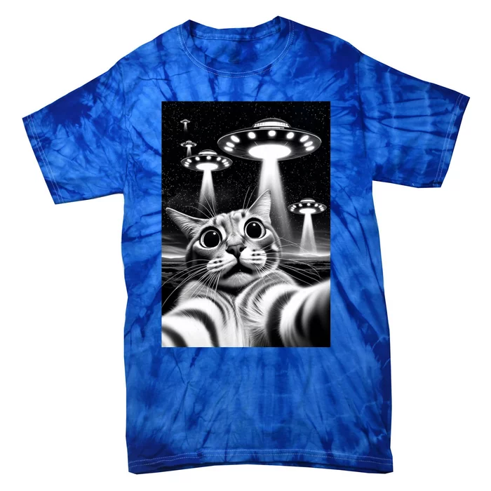 Cat Ufo | Funny Invasion Meme Retro Alien Cat Ufo Selfie Tie-Dye T-Shirt