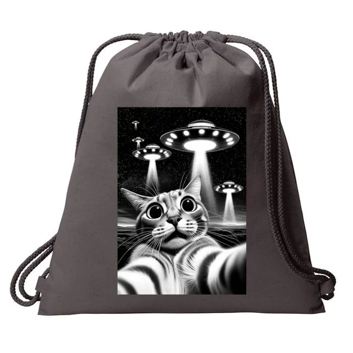 Cat Ufo | Funny Invasion Meme Retro Alien Cat Ufo Selfie Drawstring Bag