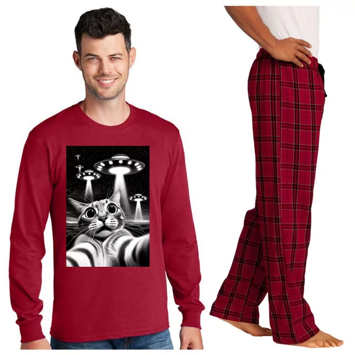 Cat Ufo | Funny Invasion Meme Retro Alien Cat Ufo Selfie Long Sleeve Pajama Set