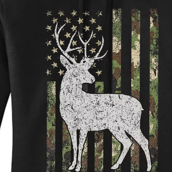 Camo USA Flag Deer Elk Buck Camoflage Hunting Hunter Gift Women's Pullover Hoodie