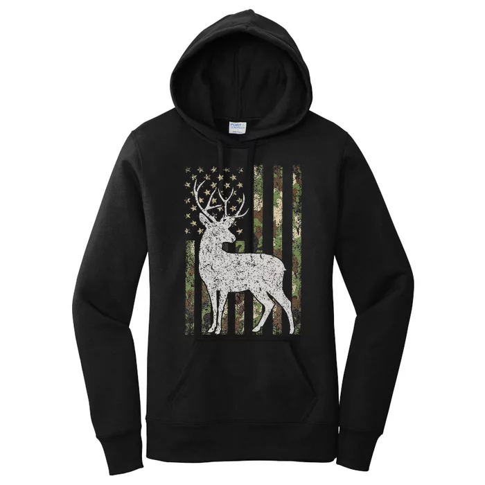 Camo USA Flag Deer Elk Buck Camoflage Hunting Hunter Gift Women's Pullover Hoodie