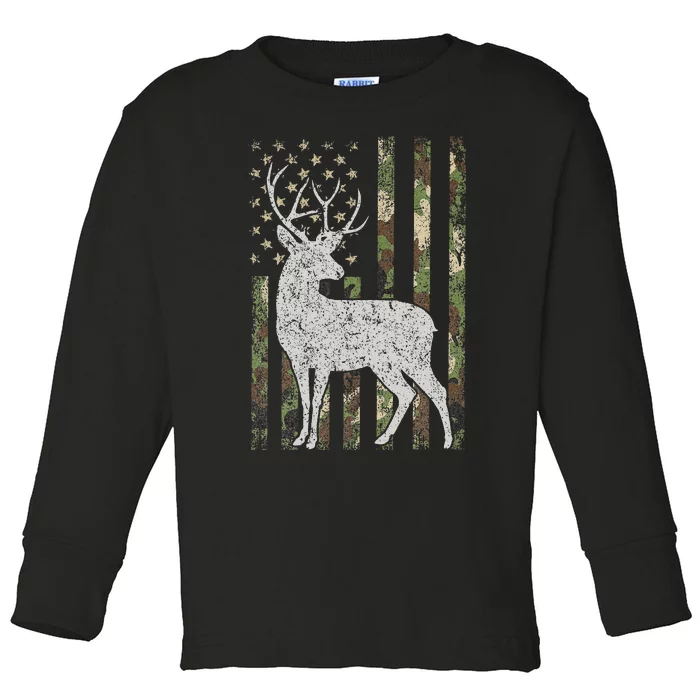 Camo USA Flag Deer Elk Buck Camoflage Hunting Hunter Gift Toddler Long Sleeve Shirt