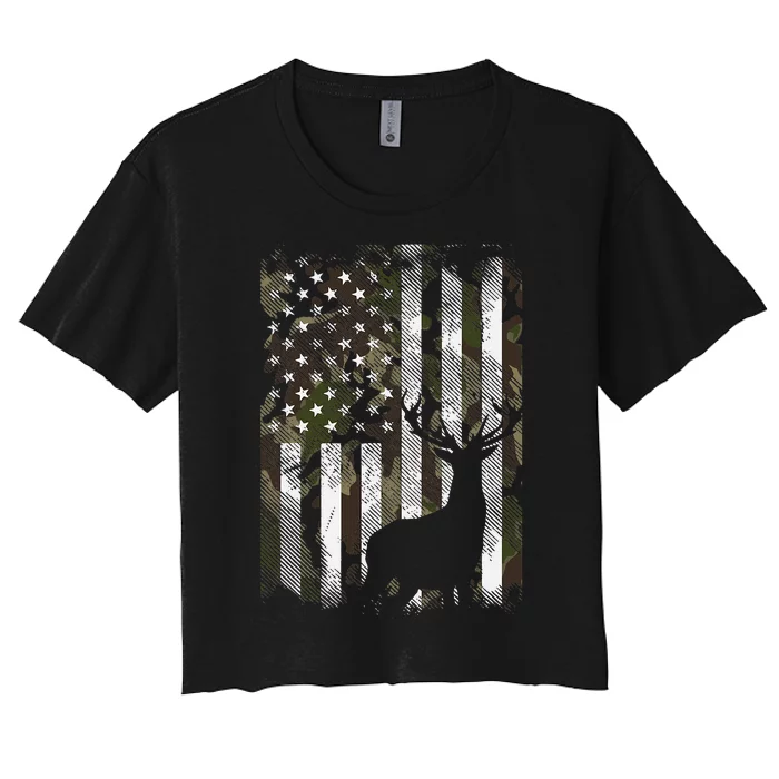 Camo Us Flag Deer Elk Buck Camoflage Hunting Hunter Dad Women's Crop Top Tee