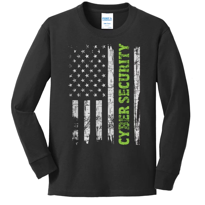 Cybersecurity USA Flag Computer Engineer Programmer Hacker Kids Long Sleeve Shirt