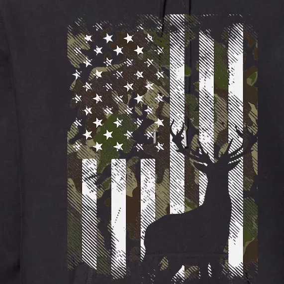 Camo US Flag Deer Elk Buck Camoflage Hunting Hunter Dad Gift Premium Hoodie