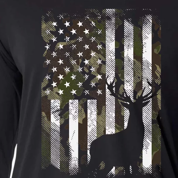 Camo US Flag Deer Elk Buck Camoflage Hunting Hunter Dad Gift Cooling Performance Long Sleeve Crew