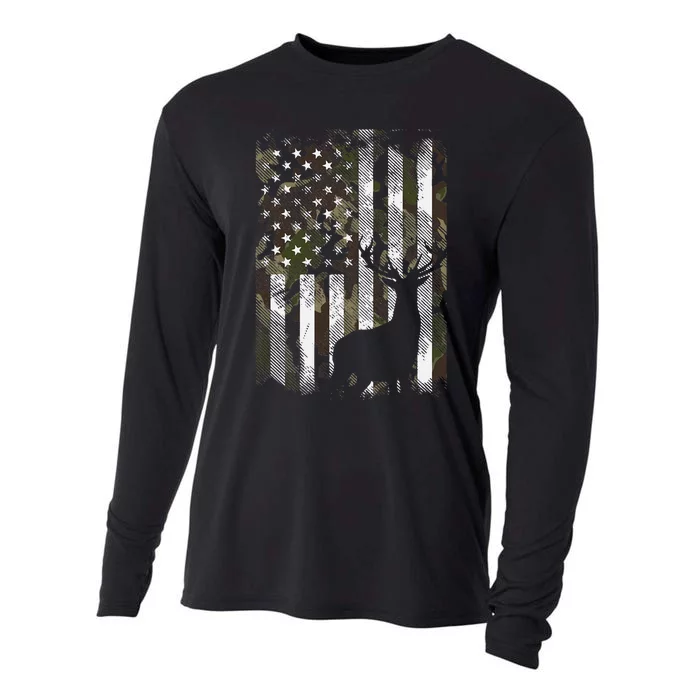 Camo US Flag Deer Elk Buck Camoflage Hunting Hunter Dad Gift Cooling Performance Long Sleeve Crew