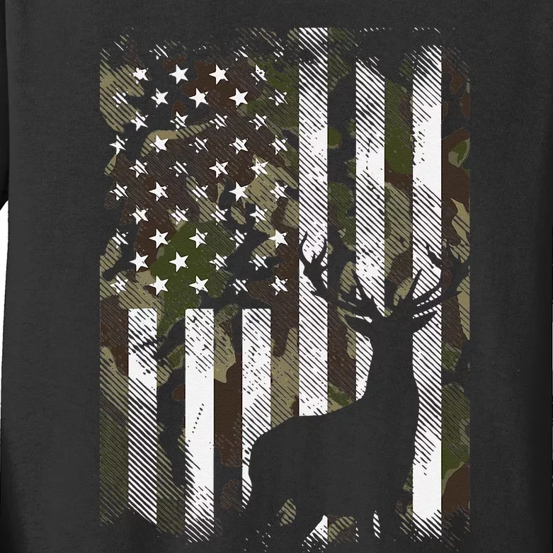 Camo US Flag Deer Elk Buck Camoflage Hunting Hunter Dad Gift Kids Long Sleeve Shirt