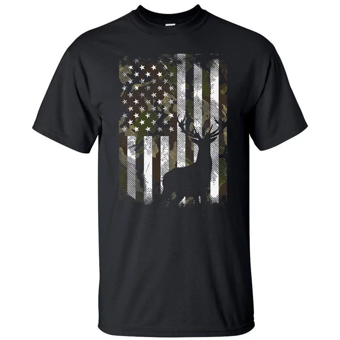 Camo US Flag Deer Elk Buck Hunting Dad Gift Tall T-Shirt