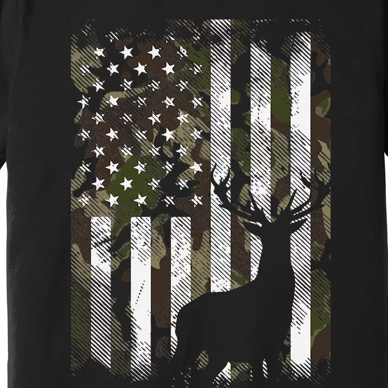 Camo US Flag Deer Elk Buck Hunting Dad Gift Premium T-Shirt