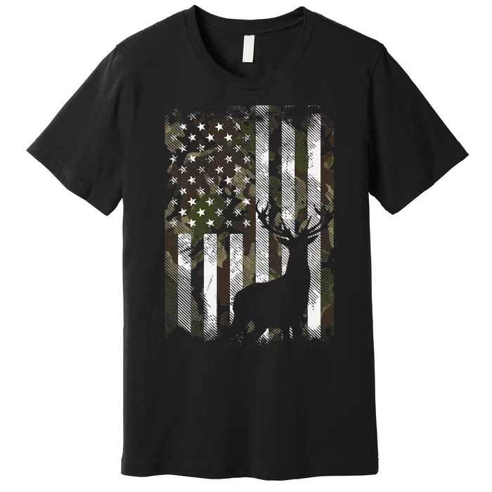 Camo US Flag Deer Elk Buck Hunting Dad Gift Premium T-Shirt