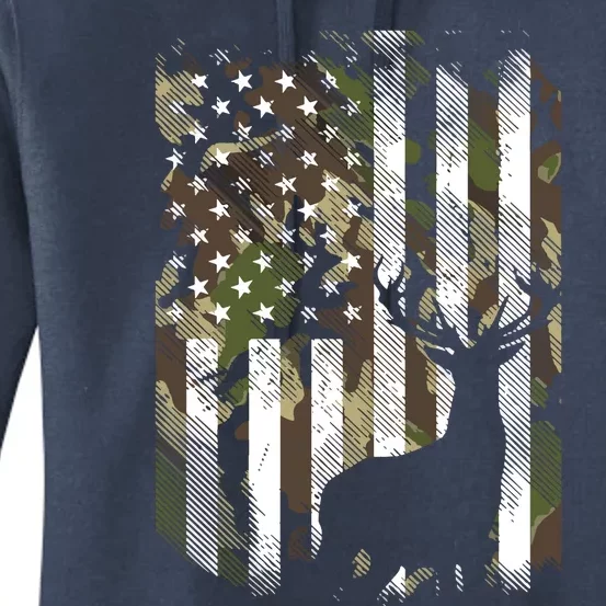 Camo US Flag Deer Elk Buck Camoflage Hunting Hunter Dad Gift Women's Pullover Hoodie