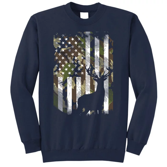 Camo US Flag Deer Elk Buck Camoflage Hunting Hunter Dad Gift Tall Sweatshirt