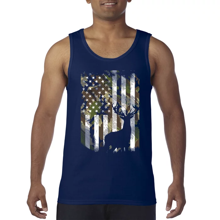 Camo US Flag Deer Elk Buck Camoflage Hunting Hunter Dad Gift Tank Top