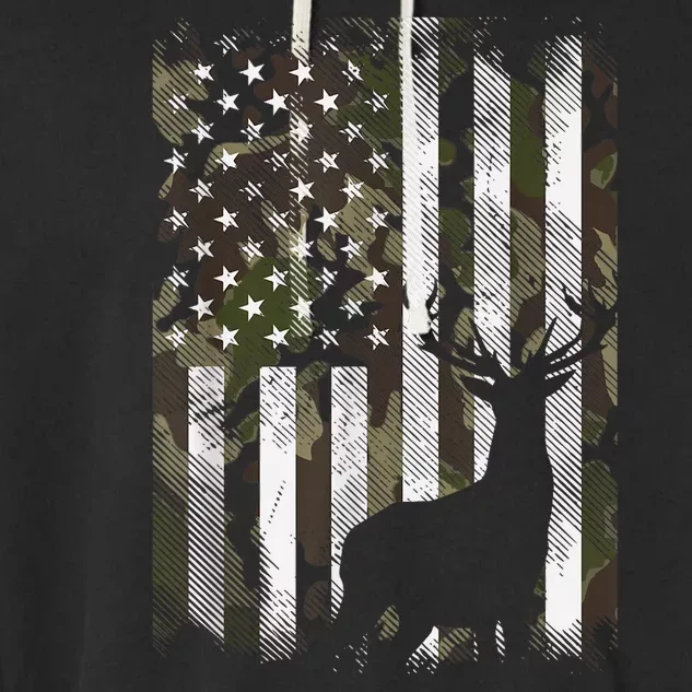 Camo Us Flag Deer Elk Buck Camoflage Hunting Hunter Dad Gift Garment-Dyed Fleece Hoodie