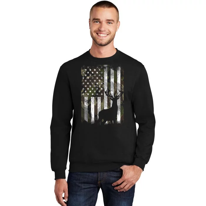 Camo Us Flag Deer Elk Buck Camoflage Hunting Hunter Dad Gift Tall Sweatshirt