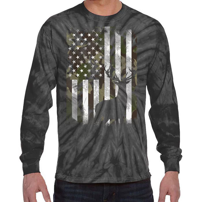 Camo Us Flag Deer Elk Buck Camoflage Hunting Hunter Dad Gift Tie-Dye Long Sleeve Shirt