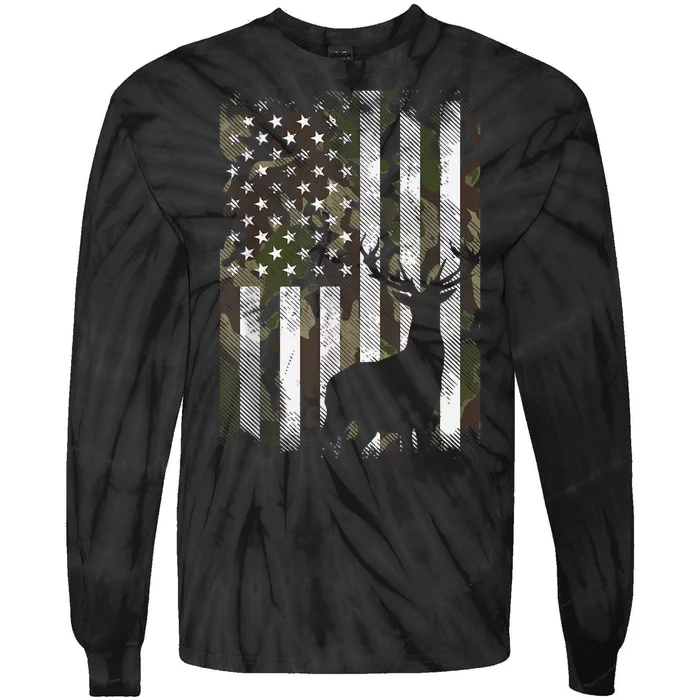 Camo Us Flag Deer Elk Buck Camoflage Hunting Hunter Dad Gift Tie-Dye Long Sleeve Shirt