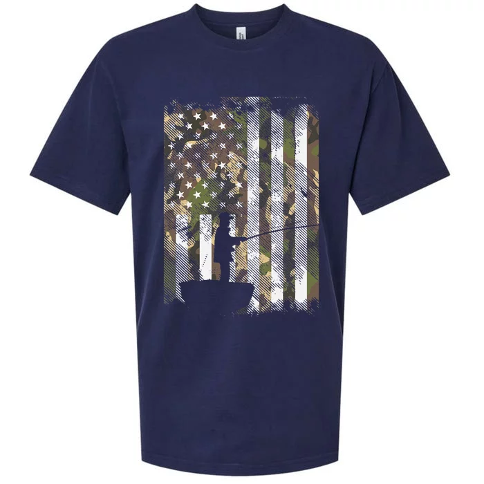 Camo US Flag Fisherman Vintage Fishing Patriotic Angler Gift Sueded Cloud Jersey T-Shirt