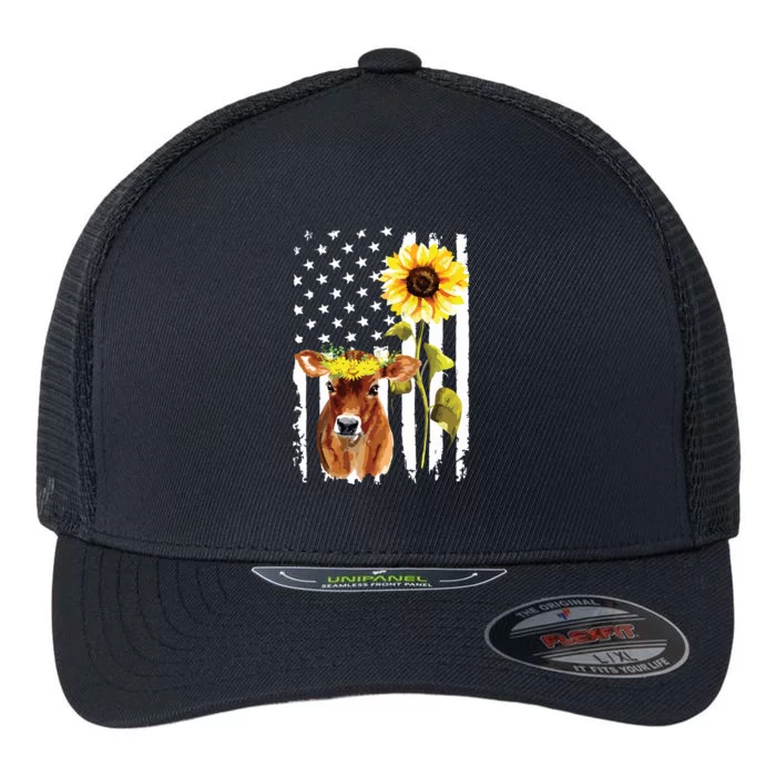 Cow USA Flag Sunflower Cow Lover Flexfit Unipanel Trucker Cap