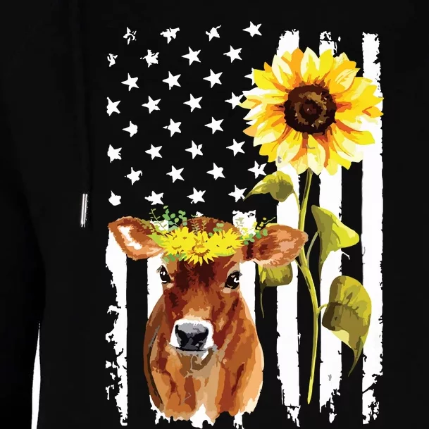 Cow USA Flag Sunflower Cow Lover Womens Funnel Neck Pullover Hood