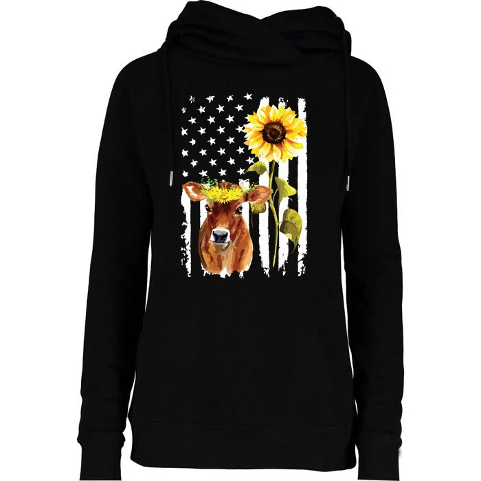 Cow USA Flag Sunflower Cow Lover Womens Funnel Neck Pullover Hood