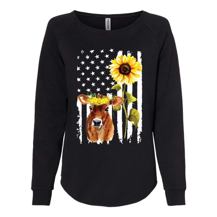 Cow USA Flag Sunflower Cow Lover Womens California Wash Sweatshirt