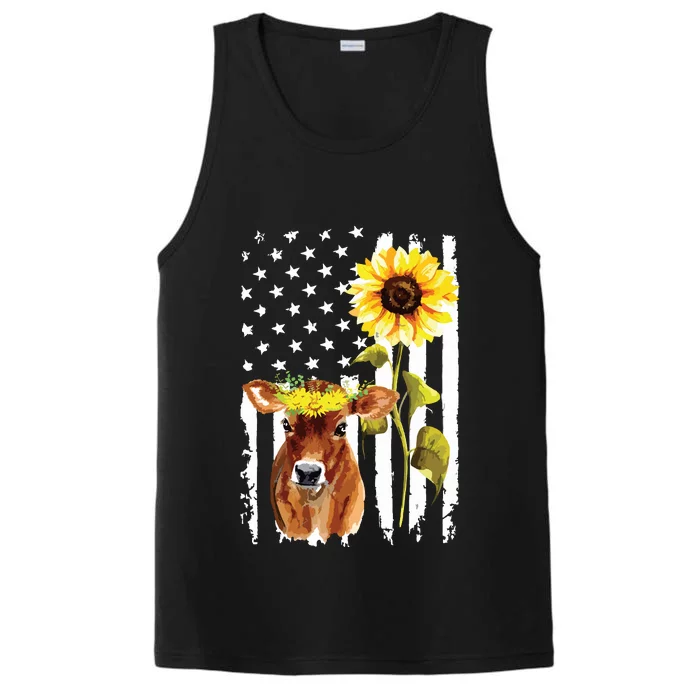 Cow USA Flag Sunflower Cow Lover Performance Tank