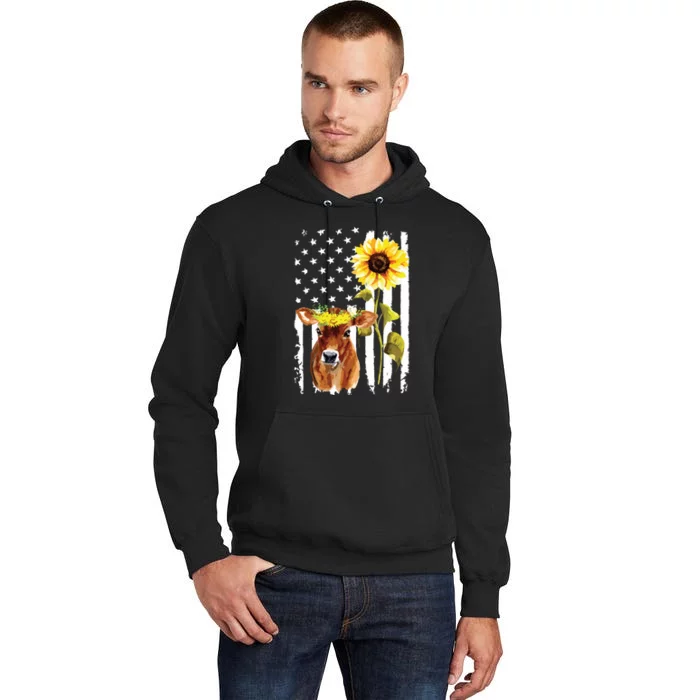 Cow USA Flag Sunflower Cow Lover Tall Hoodie