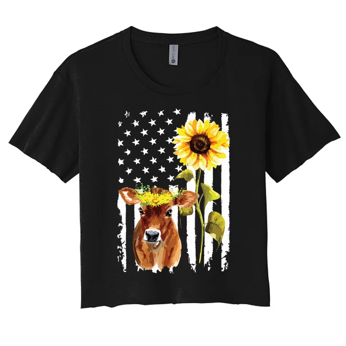 Cow USA Flag Sunflower Cow Lover Women's Crop Top Tee