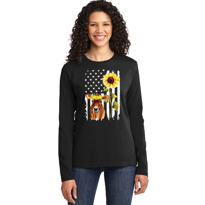 Cow USA Flag Sunflower Cow Lover Ladies Long Sleeve Shirt